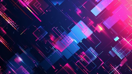 Abstract background with layered geometric shapes in neon pink, blue, and purple tones on a dark backdrop. Rectangles and lines create a futuristic, digital effect