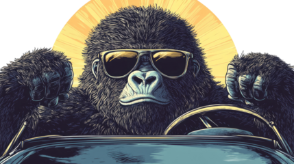 Stylish Gorilla Wearing Sunglasses Drives a Car With Confidence Generative AI
