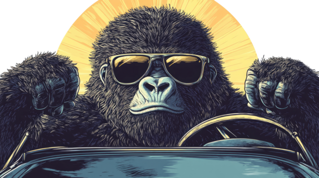 Stylish Gorilla Wearing Sunglasses Drives a Car With Confidence Generative AI