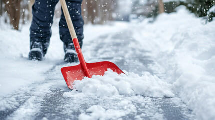 Osoba odśnieżająca podjazd z zapałem używa łopaty do usunięcia świeżego śniegu.