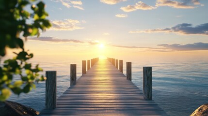 Obraz premium A wooden pier stretches out into the ocean at sunset, with the sun shining brightly in the distance.