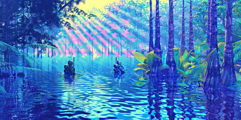 Amphibious soldier Adventure: A murky swamp fills the foreground, with soldiers wading through waist-deep water as they navigate obstacles in a tactical swimming course.