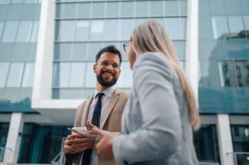 Businesspeople having conversation in front of office building