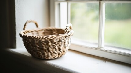 Fototapeta premium Close-up of a wicker basket on a windowsill, ideal for interior design themes. 