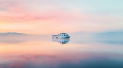 Obraz premium A white boat on a calm lake at sunrise, with pink and blue clouds reflecting in the water.