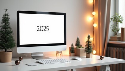 Fototapeta premium 2025 text on screen of laptop with festive decorations on a table. Ideal for holiday marketing, tech promotions, and seasonal design uses.