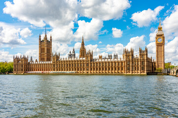 Houses of Parliament and Big Ben tower with Thames river, London, UK
