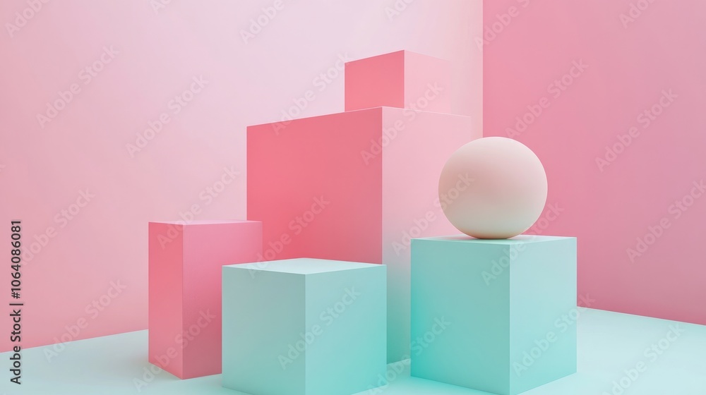 Poster abstract 3d geometric shapes arranged in a minimalistic, computer-generated design.