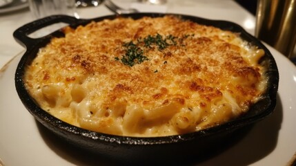American-style macaroni and cheese, creamy and baked with a golden crust, served in a cast iron skillet