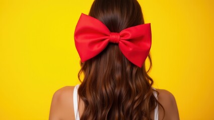 Naklejka premium Sweet red velvet hair bow adorning wavy brown hair, giving a cheerful vibe with a warm yellow background
