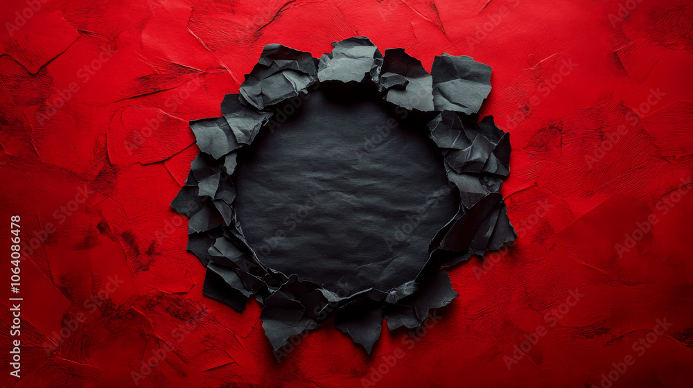 Poster black torn paper forms a circular frame on a textured red background. concept emphasizes contrast an
