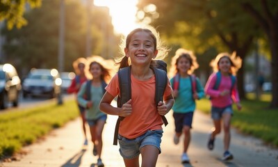 Obraz premium A group of joyful children runs along a sunlit sidewalk, their backpacks bouncing as they move with enthusiasm. The girl in the foreground is smiling brightly