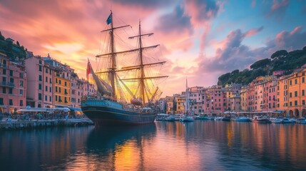 Naklejka premium A large sailing ship docked in a harbor at sunset. The harbor is filled with colorful buildings and boats, and the sky is ablaze with orange and pink hues.