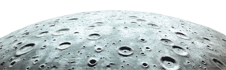 Gray moon surface, isolated on isolated transparent background. Lunar surface with small holes, crater, sinkhole, rocky terrain. Space scene, astro landscape, night sky, no stars, no horizon.