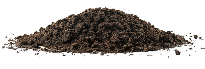 Dark brown soil pile isolated on gray background. Close-up view of earthy heap. Organic rich soil texture, brown, natural, outdoors, agriculture, compost, garden, ground, growth, heap, hill, humus,