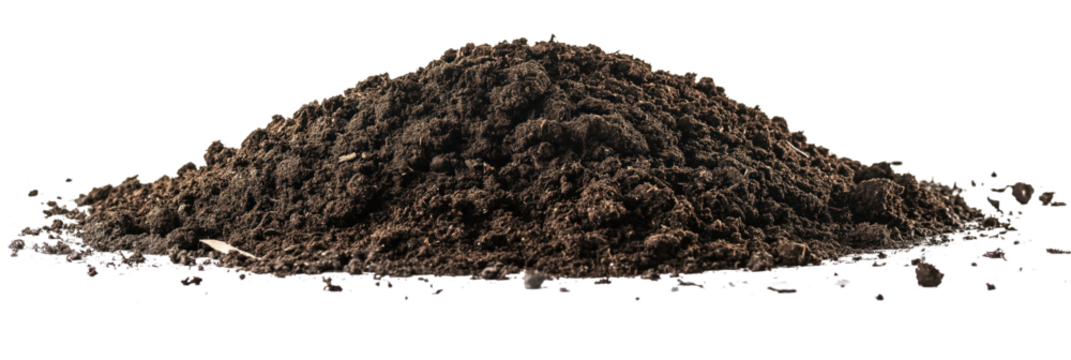 Dark brown soil pile isolated on gray background. Close-up view of earthy heap. Organic rich soil texture, brown, natural, outdoors, agriculture, compost, garden, ground, growth, heap, hill, humus,