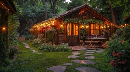 Obraz premium A charming wooden cabin with string lights, surrounded by lush greenery and a stone path.