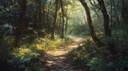 A winding path through a lush green forest, sunlight dappling the ground.
