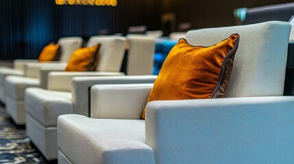 Front-row VIP sofa seats prepared for a business conference.

