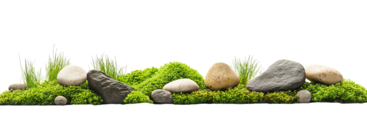 Close-up of decorative rocks with green moss growth. Gray and black stones vary in size and shape, with some greenish hue. Plants grow out of rocks, adding life to monochromatic landscape. Transparent