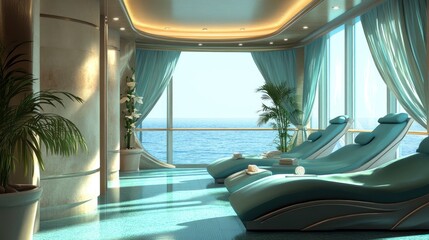 Fototapeta premium A luxurious spa with ocean views, featuring plush loungers, large windows, and stylish decor.