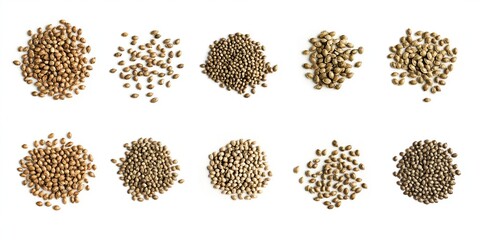 Brown hemp seeds isolated on white background. Top view of 12 different hemp seeds with unique colors, textures. Seeds arranged in grid pattern with 3 rows, 4 columns. Gray background allows seeds to