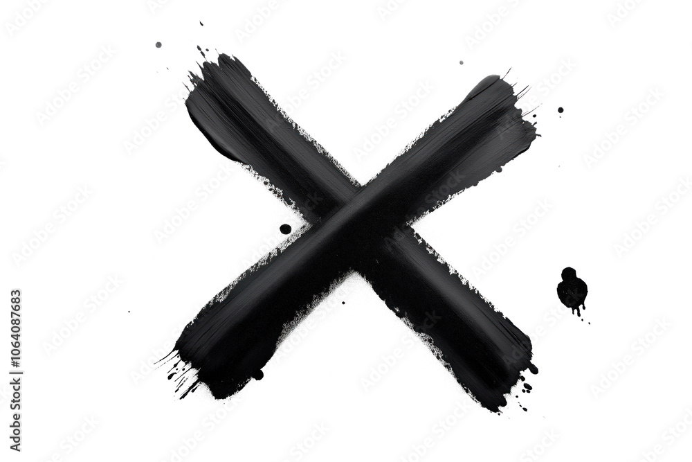 Aufkleber Black cross drawing on isolated transparent background. Bold, black lines intersect at center. Light gray line adds depth to left side. Minimalist composition with strong contrast. Alpha mask cut out.