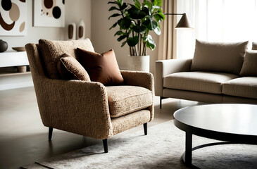 Fototapeta premium boucle armchair brown pillows near round coffee table scandinavian interior design modern living room, abstract decor, plant