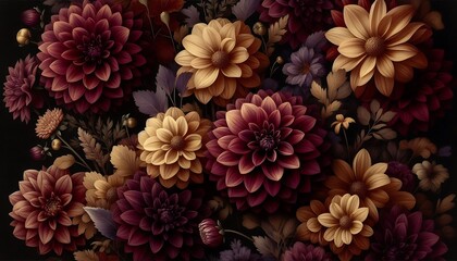 botanical background featuring dahlias in deep burgundy and mustard hues,Generative AI