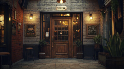 Rustic pub entrance with vintage decor and wooden door, looks realistic