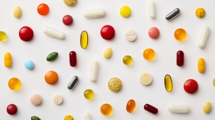 Flat lay of various vitamins and dietary supplement capsules.