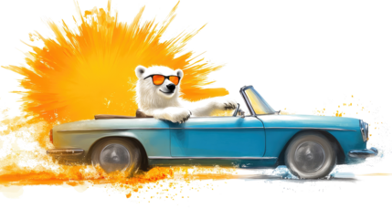 Polar Bear in Sunglasses Driving a Blue Convertible Generative AI