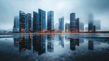 Fototapeta premium Ultra-realistic city skyline after rain, with reflective puddles and fog
