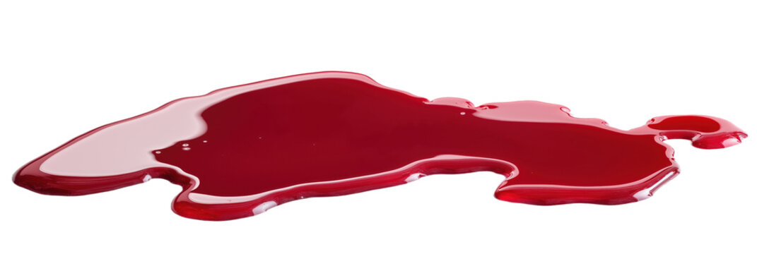 Vibrant red liquid spilled on gray surface. Close-up view of red wine puddle. Wine spillage on floor, messy liquid, smooth texture, glossy appearance. Red dye spread out, splattered on surface. Png.