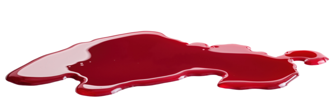 Vibrant red liquid spilled on gray surface. Close-up view of red wine puddle. Wine spillage on floor, messy liquid, smooth texture, glossy appearance. Red dye spread out, splattered on surface. Png.