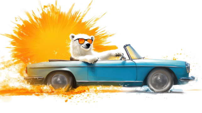 Polar Bear in Sunglasses Driving a Blue Convertible Generative AI
