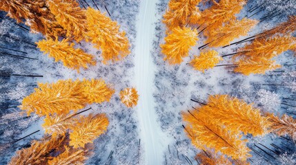 Snowy forest road winding through a winter landscape, aerial view.
