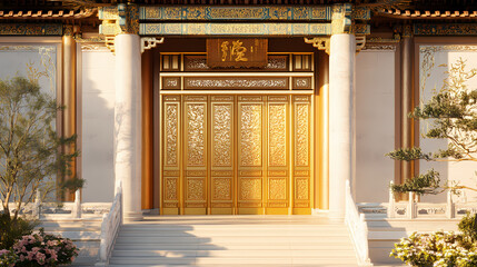 Naklejka premium The entrance to a building is decorated with gold and white. Imperial Chinese Palace. Illustration
