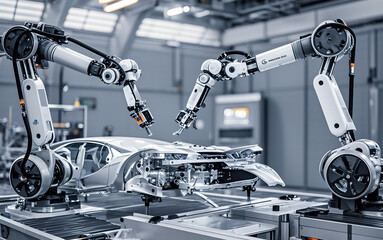 Artificial intelligence and advance robotic system with robotic arms to manufacture vehicles and cars; high tech robotic arms facilitation manufacturing and production in a smart factory assembly