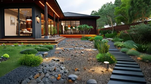 A contemporary backyard showcases a carefully designed landscape with stone paths, decorative rocks, and ambient lighting, creating a serene atmosphere during twilight