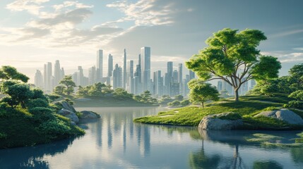 Fototapeta premium A futuristic city skyline with a river and green trees in the foreground, reflecting the city lights.