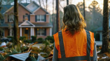 Woman in orange safety vest standing in a residential area affected by natural disaster at sunset.
