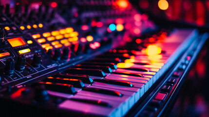 Obraz premium Close up of a Synthesizer Keyboard in Neon Lights