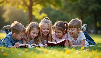 Fototapeta premium A group of happy children joyfully read books together on the grass in a park, surrounded by nature's beauty