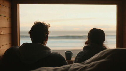 Couple Relaxing in Cozy Cabin with Ocean View
