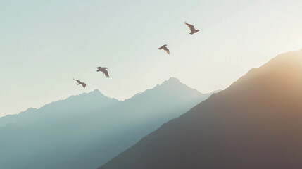 Naklejka premium Eagle Soaring Over Mountain Ridges with Birds in Background