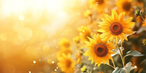Bright sunflowers bloom under a warm golden sun. Their vibrant yellow petals glow in the light. This image captures the beauty and joy of nature. It is perfect for uplifting designs