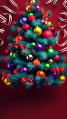 Vibrant Colorful Christmas Tree A Christmas tree adorned with colorful baubles and red bows on a red background.