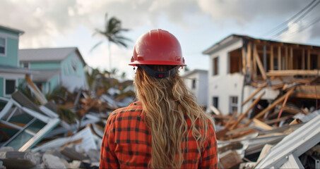 A Caucasian female in a red helmet and checkered shirt observing the wreckage of houses destroyed by a natural disaster in a coastal area.