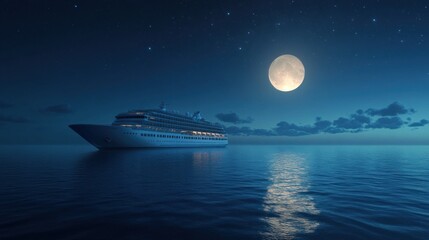 A large cruise ship sails on a calm ocean under a full moon and a starry night sky.